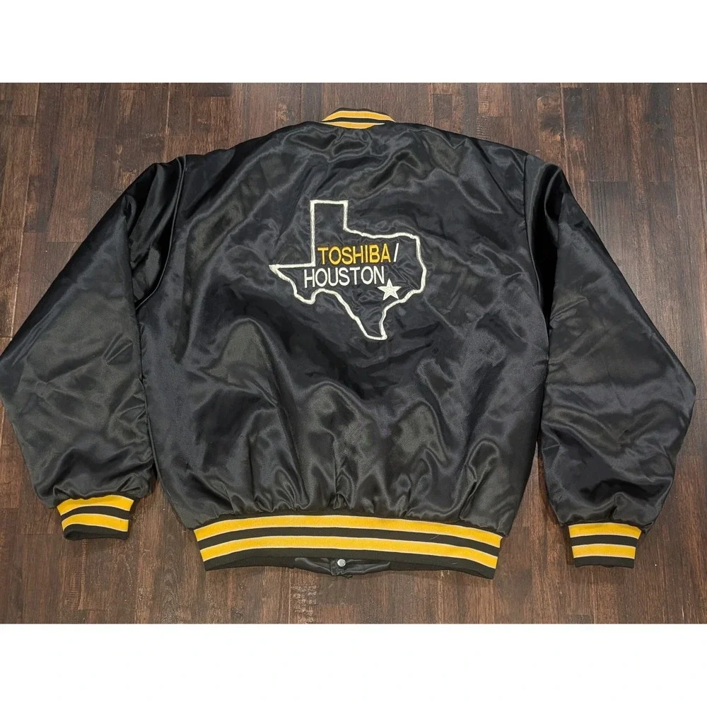 Vintage Swingster 80s USA Toshiba Houston Satin Bomber Jacket Quilt Lined Mens L